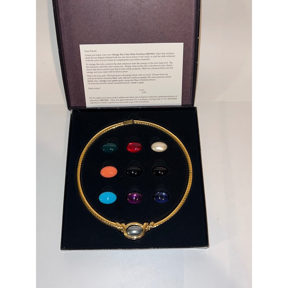 Joan Rivers Omega Ten Color Slide Necklace J57001 10 Cabochons Box Vintage Gold